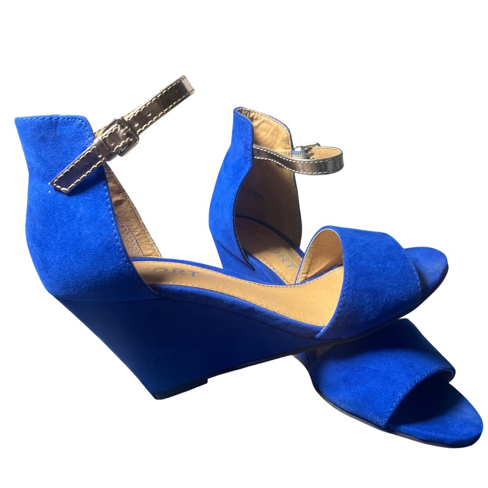 Report Royal Blue Faux Suede Wedge Sandals Silver Ankle Strap Size 6.5 Womens